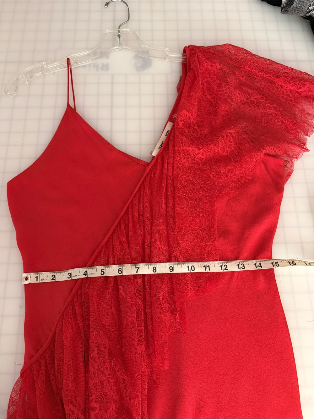 Diane Von Furstenberg Red One-Shoulder Lace-Trim Silk Mini Dress - Picture 8 of 11